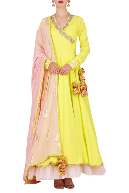 Nikasha Yellow Cotton, Georgette V Neck Embroidered Anarkali With Dupatta Online at Aza Fashions Nikasha_Yellow Cotton, Georgette V Neck Embroidered Anarkali With Dupatta _Online_at_Aza_Fashions