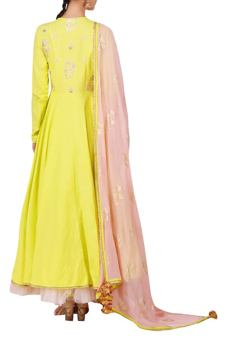 Shop Nikasha Yellow Cotton, Georgette V Neck Embroidered Anarkali With Dupatta at Aza Fashions Shop_Nikasha_Yellow Cotton, Georgette V Neck Embroidered Anarkali With Dupatta _at_Aza_Fashions