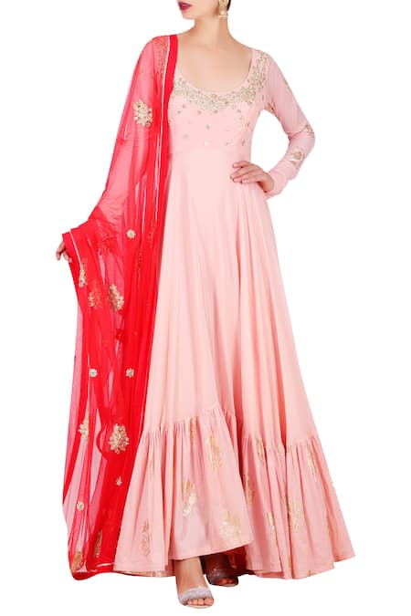 Nikasha Red Crepe Round Embroidered Anarkali With Dupatta 