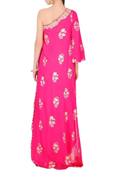 Shop_Nikasha_Pink Crepe Jasmine Bud Foil Flared Sleeve Print Asymmetric Kurta With Cowl Skirt _at_Aza_Fashions