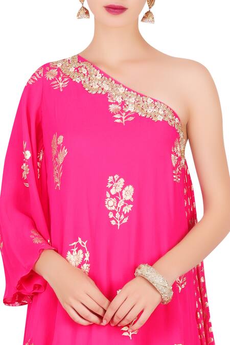 Buy_Nikasha_Pink Crepe Jasmine Bud Foil Flared Sleeve Print Asymmetric Kurta With Cowl Skirt _Online_at_Aza_Fashions