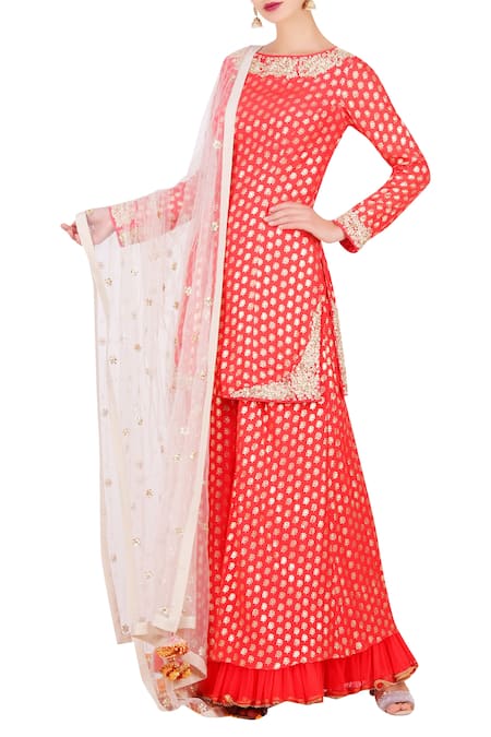 Nikasha Red Crepe Printed Lotus Foil Round Short Kurta With Sharara And Dupatta 