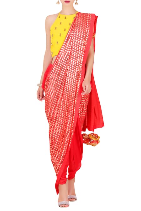 Nikasha Yellow Crepe Round Foil Print Dhoti Saree Set 