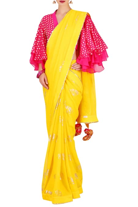 Nikasha Yellow Georgette Foil Print Saree With Blouse 