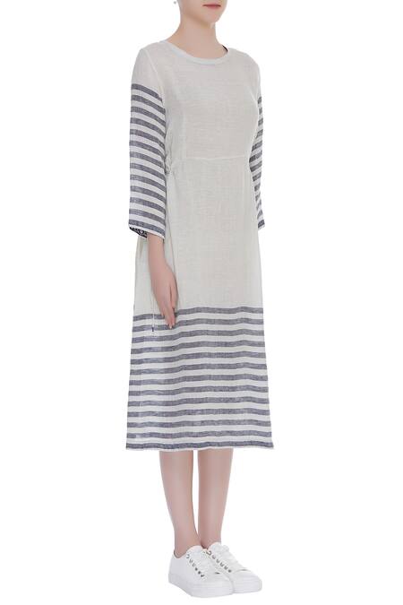 Eka Blue Stripe Print Midi Dress With Side Pocket Online at Aza Fashions Eka_Blue Stripe Print Midi Dress With Side Pocket_Online_at_Aza_Fashions