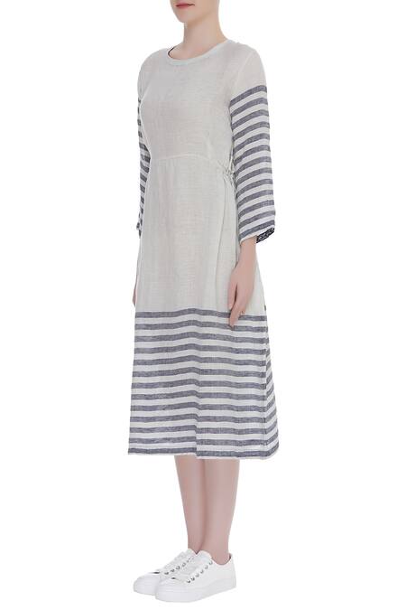 Buy Eka Blue Stripe Print Midi Dress With Side Pocket Online at Aza Fashions Buy_Eka_Blue Stripe Print Midi Dress With Side Pocket_Online_at_Aza_Fashions