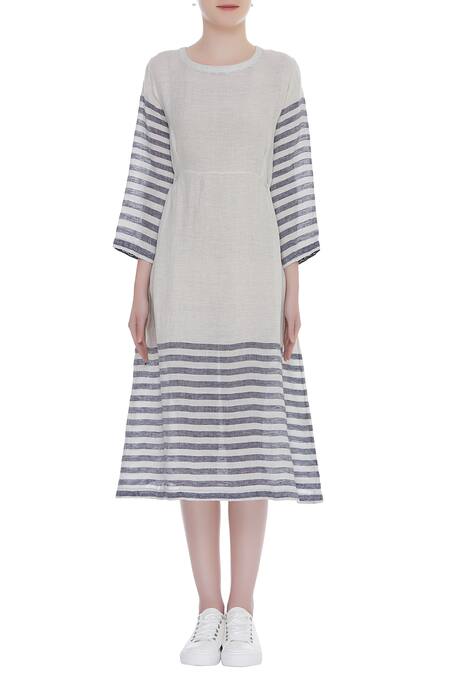 Shop Eka Blue Stripe Print Midi Dress With Side Pocket Online at Aza Fashions Shop_Eka_Blue Stripe Print Midi Dress With Side Pocket_Online_at_Aza_Fashions