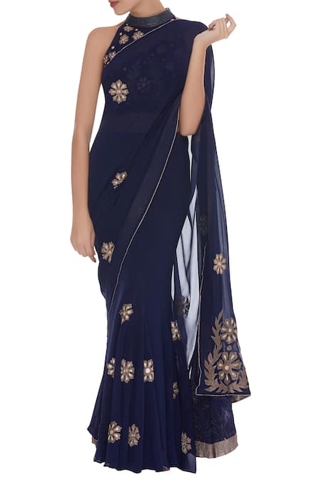 Rohini Bedi Blue Georgette Embroidered Halter Applique Work Pre Draped Saree With Blouse 