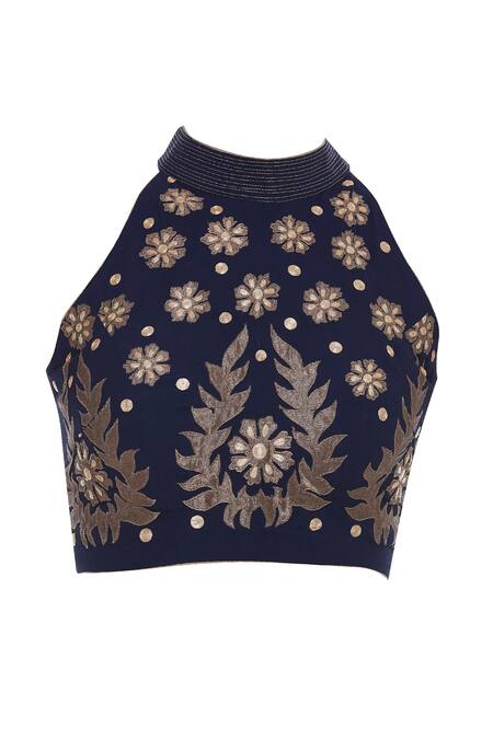 Buy_Rohini Bedi_Blue Georgette Embroidered Halter Applique Work Pre Draped Saree With Blouse _Online_at_Aza_Fashions