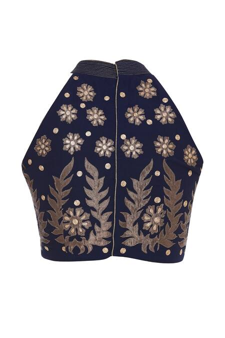 Shop_Rohini Bedi_Blue Georgette Embroidered Halter Applique Work Pre Draped Saree With Blouse _Online_at_Aza_Fashions