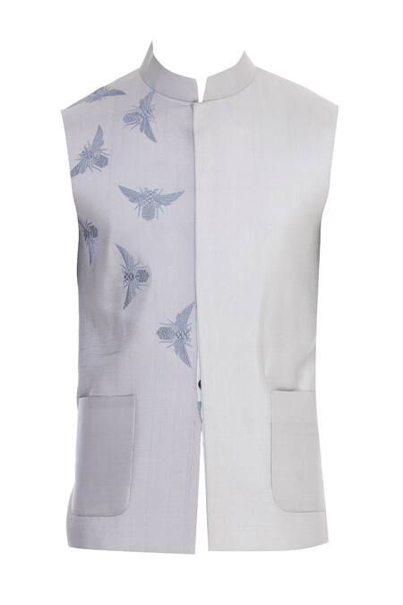 Buy_Mitesh Lodha_White Raw Silk Printed Mandarin Collar Bundi_Online_at_Aza_Fashions