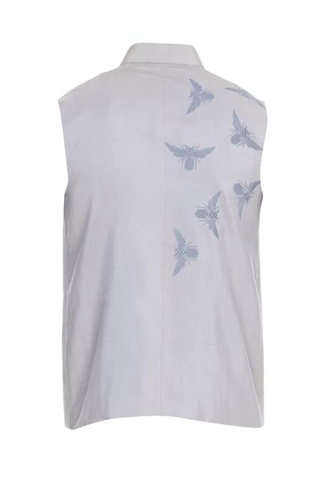 Shop_Mitesh Lodha_White Raw Silk Printed Mandarin Collar Bundi_Online_at_Aza_Fashions