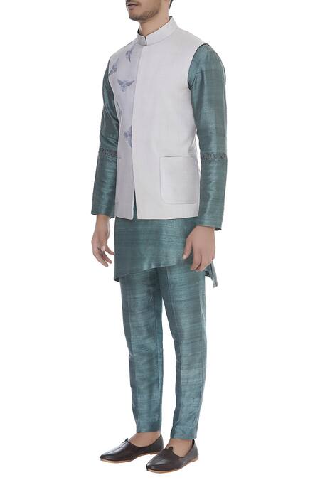 Mitesh Lodha_White Raw Silk Printed Mandarin Collar Bundi_Online_at_Aza_Fashions