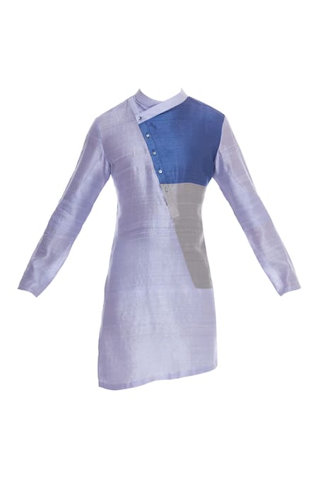 Buy_Mitesh Lodha_Blue Raw Silk Color Blocked Kurta_Online_at_Aza_Fashions
