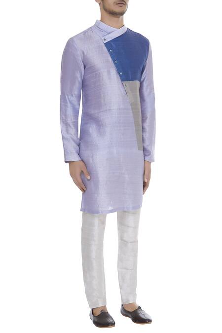 Mitesh Lodha_Blue Raw Silk Color Blocked Kurta_Online_at_Aza_Fashions