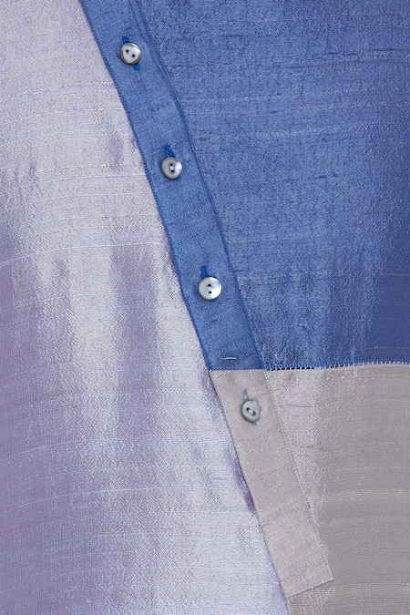 Mitesh Lodha_Blue Raw Silk Color Blocked Kurta_at_Aza_Fashions