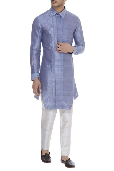 Mitesh Lodha Blue Raw Silk Collared Classic Kurta 