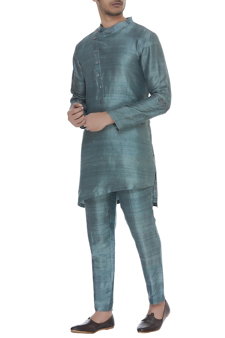 Mitesh Lodha Green Raw Silk Plain Straight Classic Kurta 