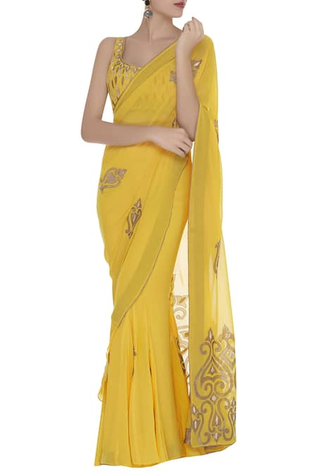 Rohini Bedi Applique work pre draped saree with sleeveless blouse 