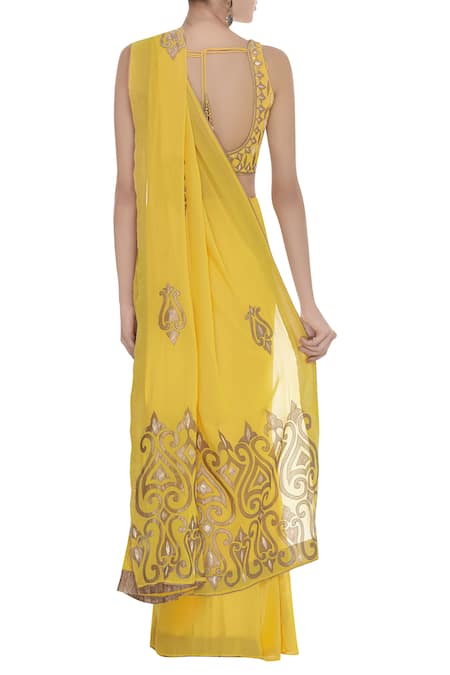 Rohini Bedi Applique work pre draped saree with sleeveless blouse 