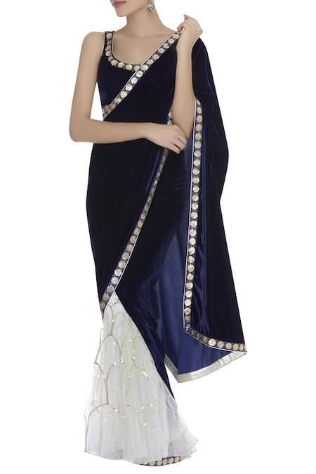 Rohini Bedi Blue Velvet Embroidered Round Hand Pre Draped Saree With Sleeveless Blouse 