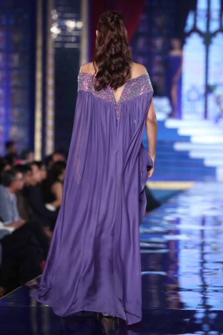 Shop_Monisha Jaising_Purple Embroidery Off Shoulder Gown_at_Aza_Fashions
