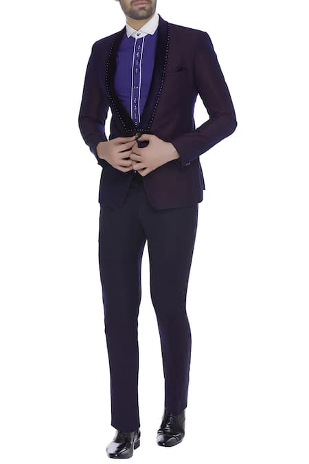 Kommal Sood Blue Blended Micro Wooven Embroidered Blazer Jacket With Trouser Pant  