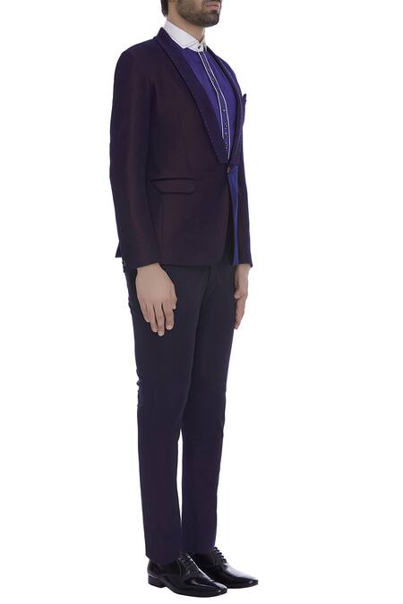 Kommal Sood_Blue Blended Micro Wooven Embroidered Blazer Jacket With Trouser Pant _Online_at_Aza_Fashions