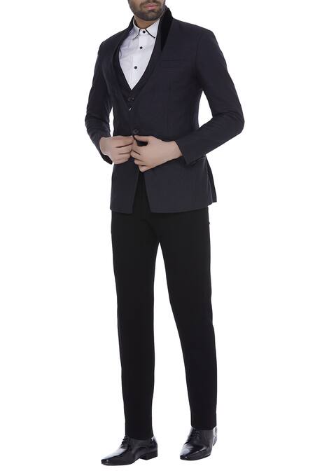 Kommal Sood Black Blended Micro Wooven Cupro Blazer Jacket With Trouser Pant