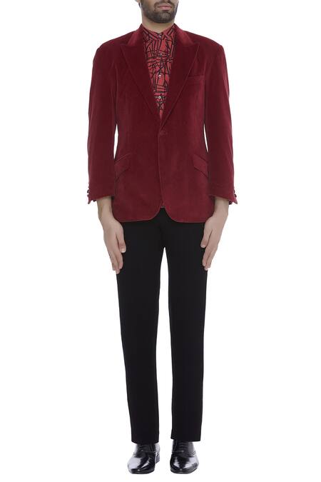 Buy_Kommal Sood_Red Velvet Embroidered Full Sleeves Blazer Jacket With Trouser  _Online_at_Aza_Fashions