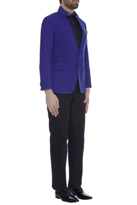 Kommal Sood_Blue Blended Micro Wooven Cupro Collar Blazer Jacket With Trouser _Online_at_Aza_Fashions