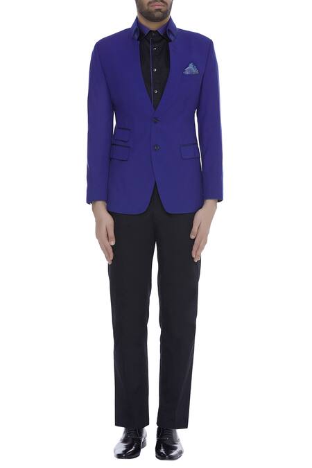 Buy_Kommal Sood_Blue Blended Micro Wooven Cupro Collar Blazer Jacket With Trouser _Online_at_Aza_Fashions