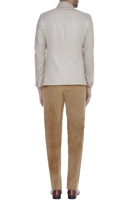 Shop Kommal Sood Beige Velvet Embroidered Textured Blazer Jacket With Trouser at Aza Fashions Shop_Kommal Sood_Beige Velvet Embroidered Textured Blazer Jacket With Trouser _at_Aza_Fashions