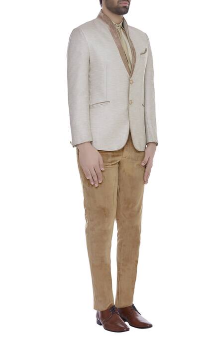 Kommal Sood Beige Velvet Embroidered Textured Blazer Jacket With Trouser Online at Aza Fashions Kommal Sood_Beige Velvet Embroidered Textured Blazer Jacket With Trouser _Online_at_Aza_Fashions
