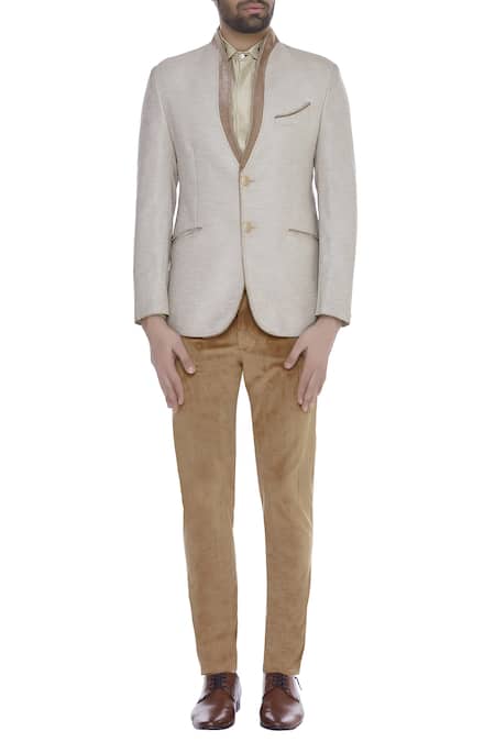 Buy Kommal Sood Beige Velvet Embroidered Textured Blazer Jacket With Trouser Online at Aza Fashions Buy_Kommal Sood_Beige Velvet Embroidered Textured Blazer Jacket With Trouser _Online_at_Aza_Fashions