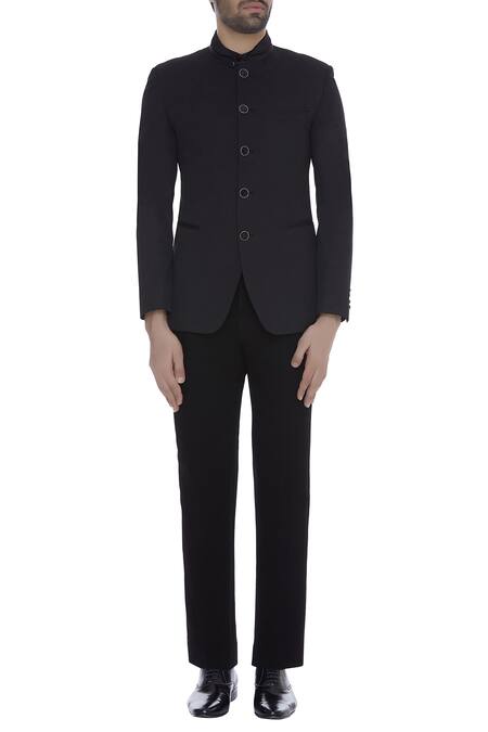 Shop Kommal Sood Black Blended Micro Wooven Cupro Bandhgala Jacket With Trouser Pant Online at Aza Fashions Shop_Kommal Sood_Black Blended Micro Wooven Cupro Bandhgala Jacket With Trouser Pant _Online_at_Aza_Fashions