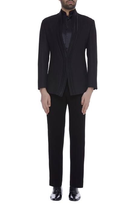 Buy_Kommal Sood_Black Blended Micro Wooven Cupro Embroidered Blazer Jacket With Trouser _Online_at_Aza_Fashions