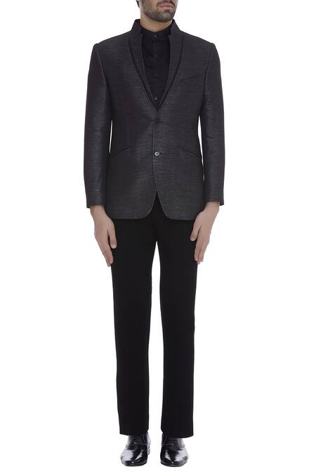 Buy_Kommal Sood_Black Blended Micro Wooven Cupro Embroidered Textured Tuxedo Set _Online_at_Aza_Fashions