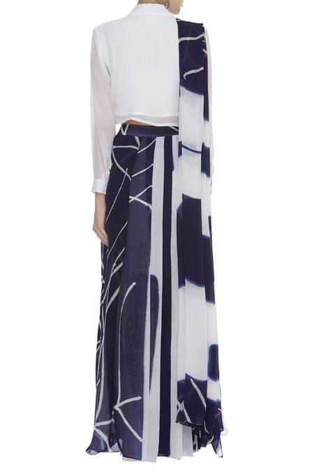 Shop Vedika M White Spread Collar Pre Draped Skirt Saree With Shirt Blouse at Aza Fashions Shop_Vedika M_White Spread Collar Pre Draped Skirt Saree With Shirt Blouse_at_Aza_Fashions