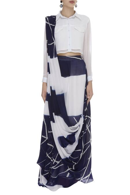 Vedika M White Spread Collar Pre Draped Skirt Saree With Shirt Blouse Online at Aza Fashions Vedika M_White Spread Collar Pre Draped Skirt Saree With Shirt Blouse_Online_at_Aza_Fashions