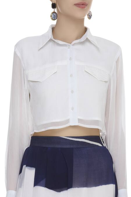 Buy Vedika M White Spread Collar Pre Draped Skirt Saree With Shirt Blouse Online at Aza Fashions Buy_Vedika M_White Spread Collar Pre Draped Skirt Saree With Shirt Blouse_Online_at_Aza_Fashions