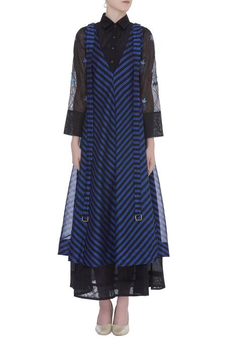 Buy_Aalyxir_Black Chanderi Embroidered Spread Collar Striped Midi Dress_Online_at_Aza_Fashions