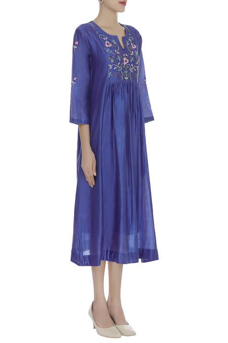 Aalyxir_Blue Chanderi Embroidered Notched Resham Thread Midi Dress_Online_at_Aza_Fashions