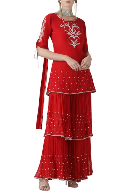 Limerick by Abirr N' Nanki Red Short Kurta And Layered Gharara With Pleated Dupatta 