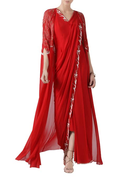 Limerick by Abirr N' Nanki Red Silk Georgette V Neck Pre Draped Saree With Embroidered Cape 