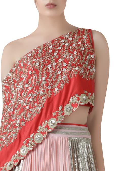 Limerick By Abirr N' Nanki_Red Silk Crepe Asymmetric One Shoulder Top And Pleated Skirt Set _Online_at_Aza_Fashions