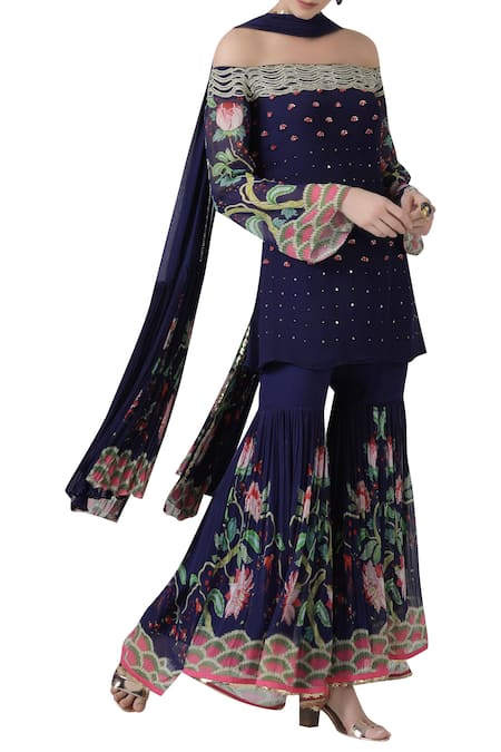 Limerick by Abirr N' Nanki Blue Silk Georgette One Shoulder Off Kurta And Sharara Set 