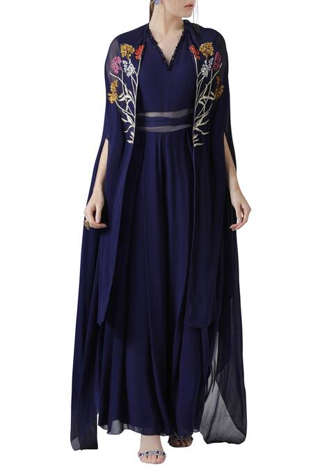 Limerick By Abirr N' Nanki_Blue Pleated Jumpsuit With Cape _Online_at_Aza_Fashions