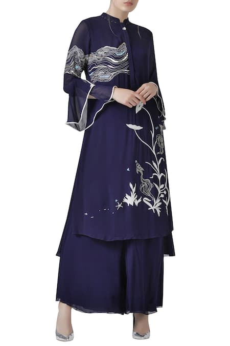 Limerick by Abirr N' Nanki Blue Silk Georgette Mandarin Collar Embroidered Kurta Set  