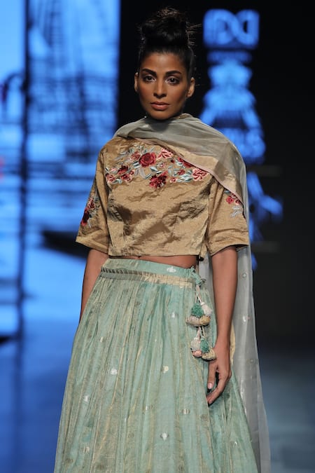 Prama By Pratima Pandey_Blue Hand Woven Embroidered Resham Round Blouse With Lehenga And Dupatta  _Online_at_Aza_Fashions